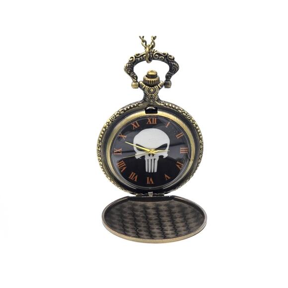 Punisher Skull Pocket Watch – Vintage Look Metal Biker Gothic Keepsake for Men - Picture 7 of 11